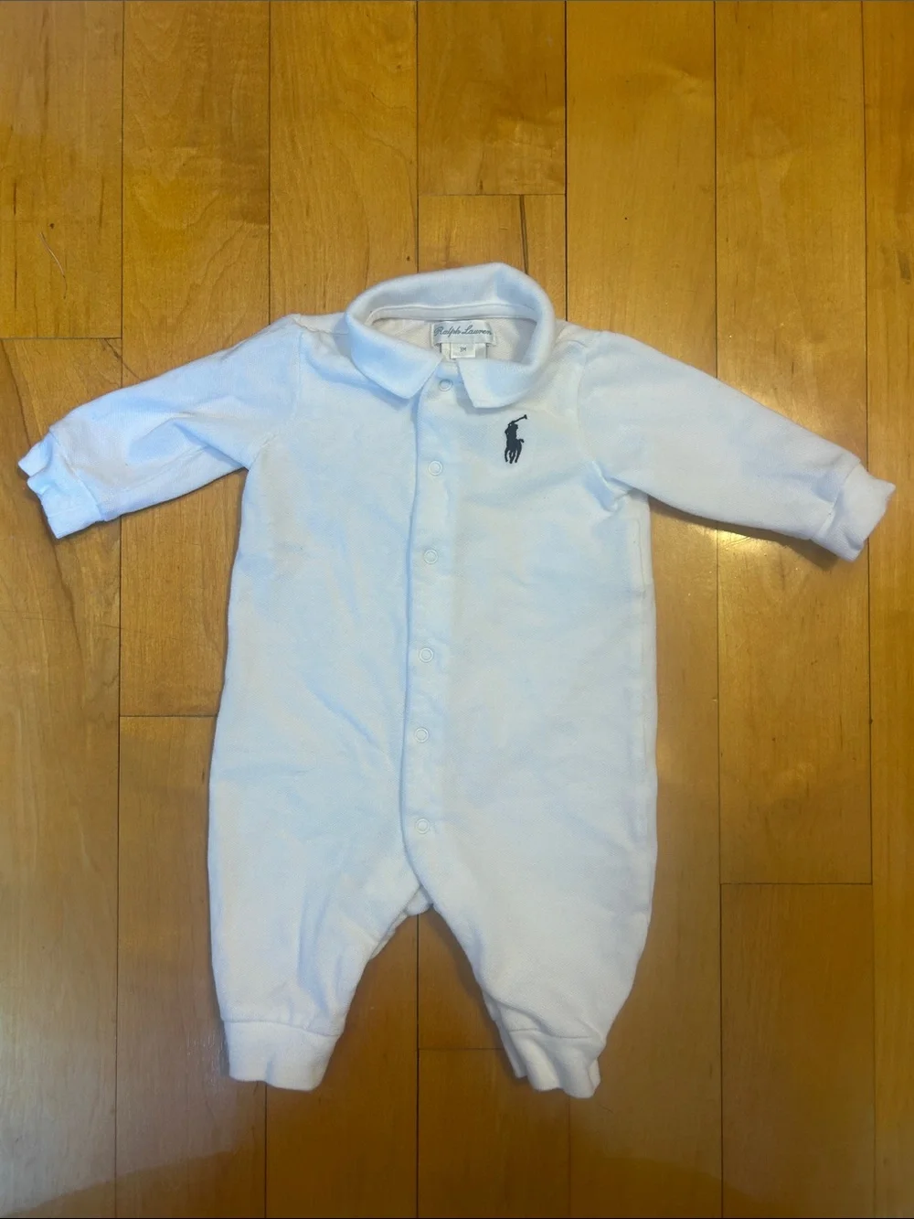 Ralph Lauren White Long-Sleeve Polo Baby One-Piece with Collar 3mo